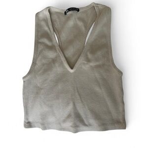 Beige Ribbed V-Neck Tank Top